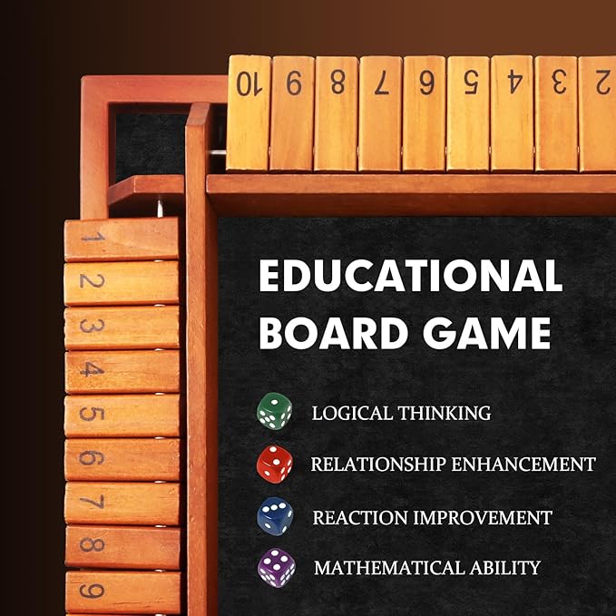 Upgraded 1-4 Players Shut The Box Dice Game Wooden Board Table Family Game for Kids and Adults with 12 Dice Classic Tabletop Math Game for Pub Classroom Party Gift for Christmas Birthday