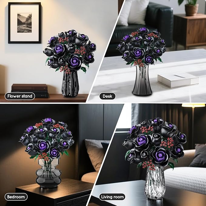 HOGOKIDS Flowers Bouquet Building Set - 15 Black Roses Botanical Collection Building Blocks Artificial Flower Toy 330PCS Gothic Home Decors Easter Gift for Her Girlfriend Wife Adults Teens Kids 8+
