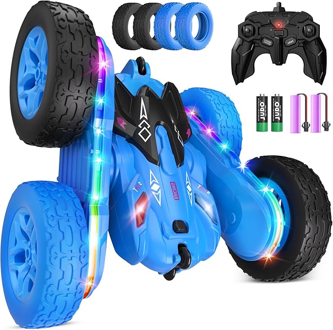 Remote Control CarRC Cars with Sides Light Strip and HeadlightsDouble Sided 360 Flips Rotating RC Stunt Car2.4Ghz All Terrain Toys for Ages 4-8 Kids Toy for Boys Birthday Gift(Blue)