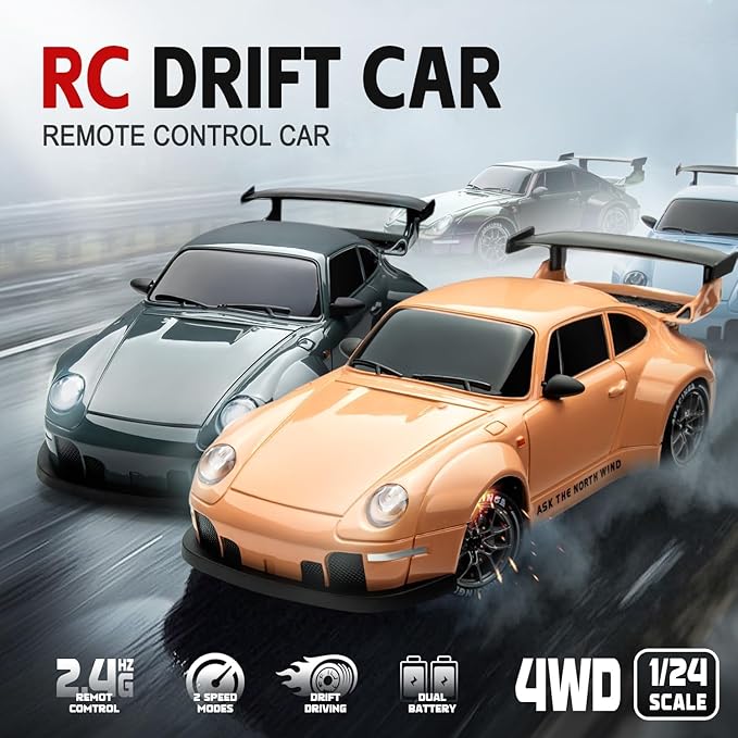 RC Drift Car 1:24 Scale Remote Control Vehicle with LED Lights 2.4GHz 20KM/H 4WD High Speed RC Cars Drifting Tires＆Two Batteries. (Orange)
