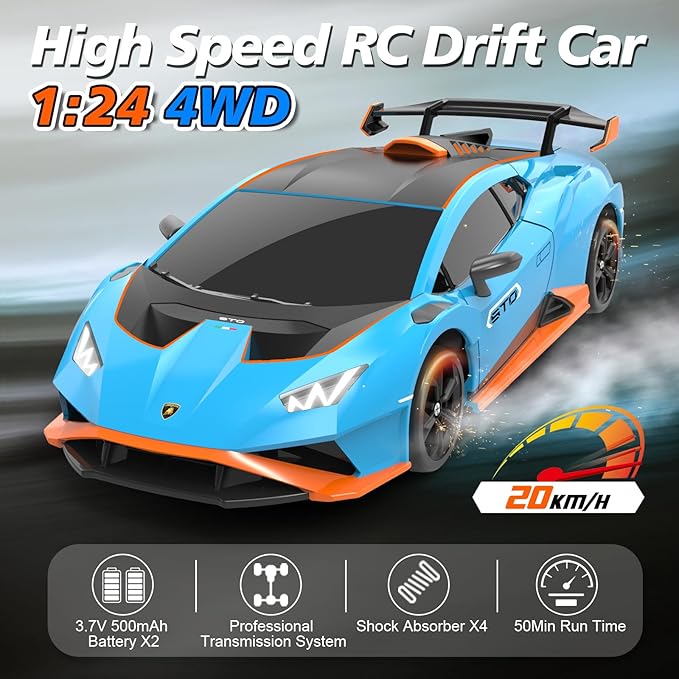 YONCHER RC Drift Car Remote Control Car for Kids Lamborghini Officially Licensed 1:24 20KM/H 4WD with Lights Fast Racing Toy Car for Boys Girls Blue