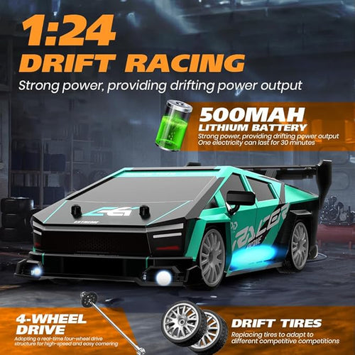 1:24 Scale RC Drift Car 30KM/H 4WD 2.4GHz Remote Control Cars with LED Light Racing and 4 Drifting Wheels High Speed RC Racing Cars Perfect Toy Gift for Teen Adults