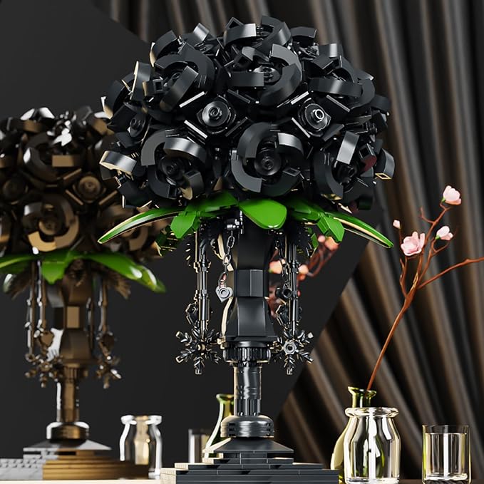 Black Rose Building Block Flower Decor Gothic Style Brick-Built Floral Bouquet for Home &amp Office Compatible with Lego Dark Romantic Black Flowers DIY Display Gift for Adults
