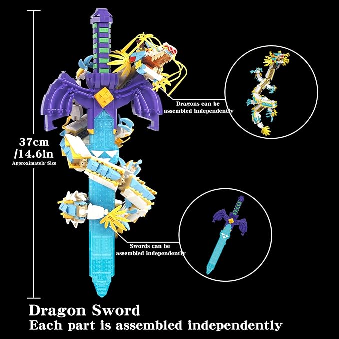 1433PCS The Master Dragon Swords Building Blocks Toys(Mini Bricks)A Unique Sword with Dragon Connection Base with Led LightingTOTK Decoration Display Gift for 14+