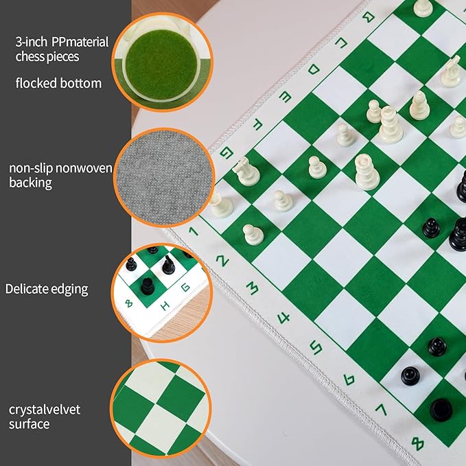 Chess Set with Green &amp White 19.7x19.7 Foldable Board 3 Non-Weighted Standard Pieces Portable Travel Chess Game for Kids &amp Beginners Classic Strategy Set with Storage Bag