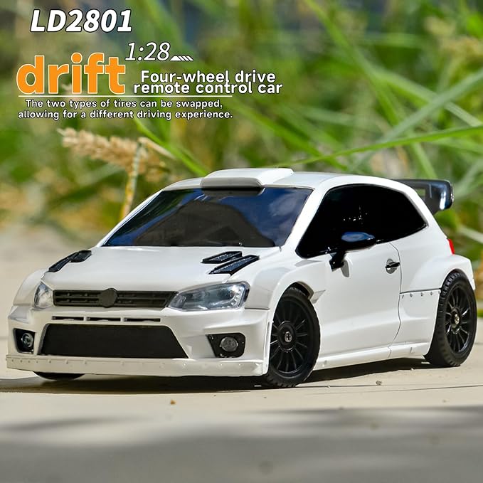 LDRC 2801 1/28 Mini RC Drift Car GTR 2.4GHz 4WD RTR with 4PCS Drift Tires Racing Radio Control Cars (White)