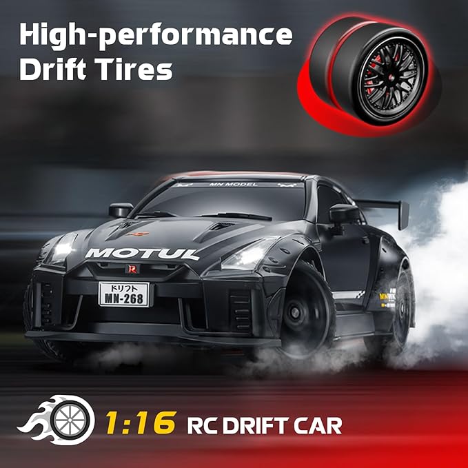 1/16 Scale RC Drift Car MN-268 RWD Mini RC Vehicles Model with Gyro Spare Tires &amp LED Lights for Adults Hobby Toy Gifts (Black)