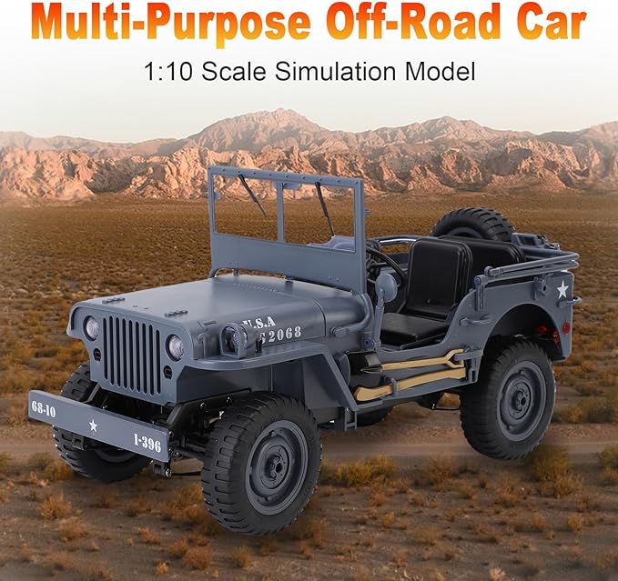 RC Crawlers 1:10 Scale D888 Willys Military Jeep 2.4Ghz 4WD Off Road Rock Crawler with Lights Removable Accessories All Terrain RC Jeep Toy for Adult Teens-Upgradable (2 Batteries)
