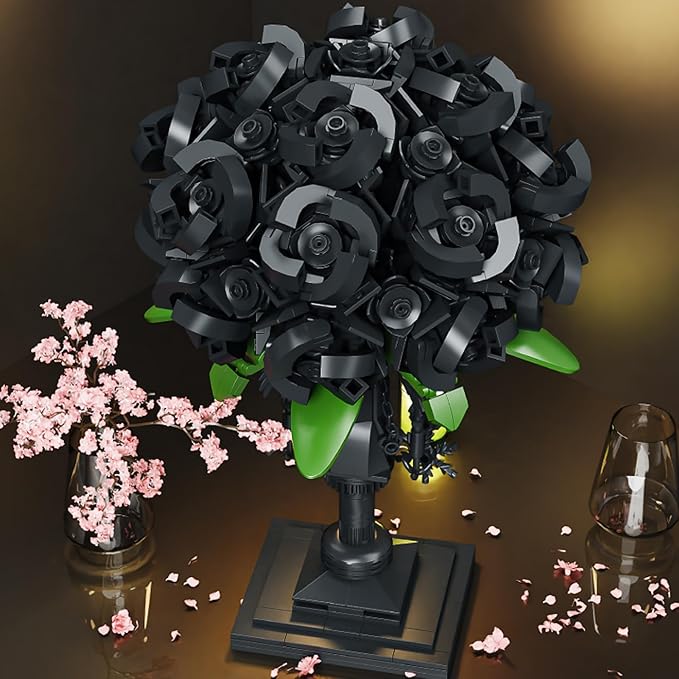 Black Rose Building Block Flower Decor Gothic Style Brick-Built Floral Bouquet for Home &amp Office Compatible with Lego Dark Romantic Black Flowers DIY Display Gift for Adults