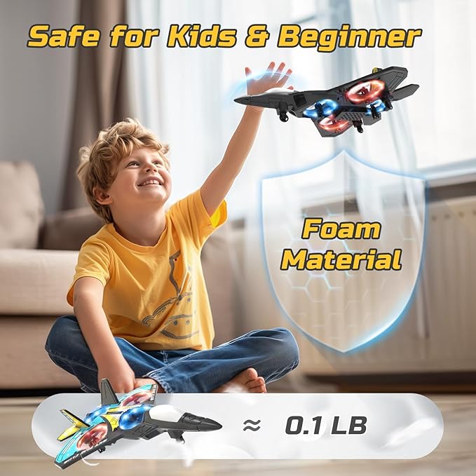 Foam RC Plane Drone for Kids Remote Control Airplane Fighter Jet with LED Light Auto Hover 360°Flip 2 Batteries (16 Mins Flight) Easy to Fly for Beginners