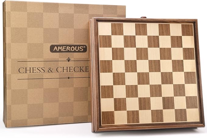 AMEROUS 15 x 15 Wooden Chess &amp Checkers Set with Built-in Storage Drawers/Weighted Chess Pieces / 2 Bonus Extra Queens / 24 Cherkers Pieces/Classic 2in1 Board Games for Kids Adults