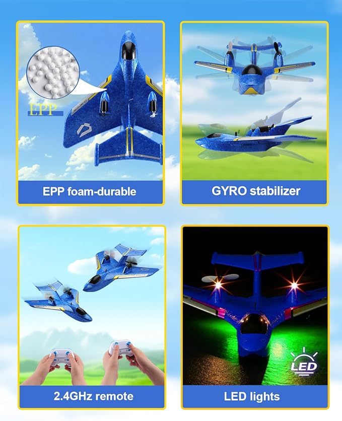 Remote Control Airplanes for Kids 2.4Ghz RC Water Plane Gifts for Boys Age 8-13 Year Old Easy to Fly Mini Glider with Gyro/Lights/2 Batteries Cool Toys for Birthday Christmas (Blue)