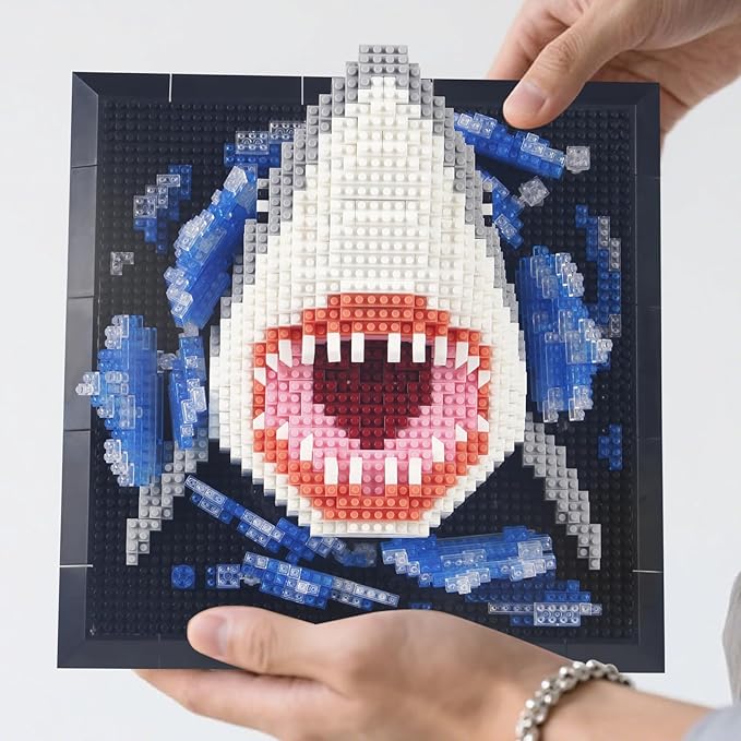 1800PCS Animal Shark 3D Wall Art Micro Mini Building Blocks Set not Compatible with Lego SizeUnique Home or Table Decor Painting with Specialized TweezersPresent DIY Shark Toy for 14+