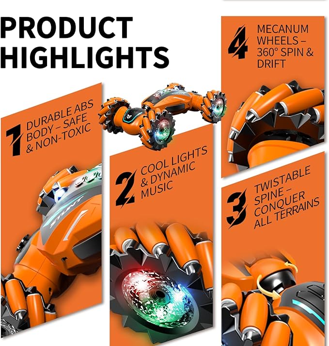Gesture Sensing RC Stunt Car with Light Music and Mist Spray for Kids 6+ 4WD Off-Road Drift Remote Control Car 2.4GHz Glove Remote Rechargeable Toy Vehicle for Boys and Girls Birthday Gift