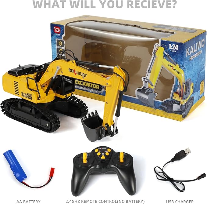 Remote Control Excavator for Boys Metal Bucket Construction Vehicle - Includes 2 Rechargeable Batteries for 40+ Mins Play 1/24 Scale Realistic Sound &amp Lights STEM Gift for Kids 3-12