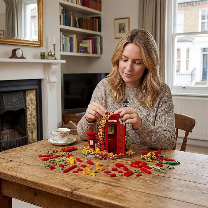 London Retro Red Telephone Booth Architecture Set with LED Lighting Creative Flores Phone Box for The Office and Home Set Adult Collector Decor 1142pcs