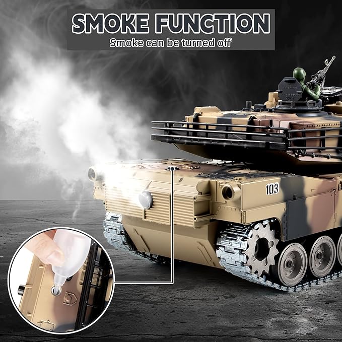 1:18 RC Tank 2.4G US Metal M1A2 Remote Control Tank That Shoot BBS Model Toys Army Toy with Smoke Lights Sound and RecoilMilitary RC Vehicle for Adults and Kids 6+ Year Old