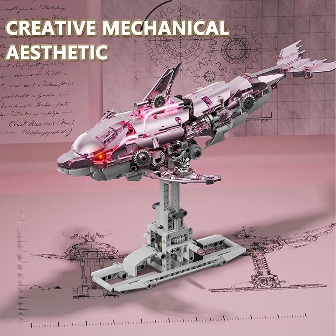 888-PCS Mechanical Pink Dolphin Building Set with LED Light Movable Linkage Gears Display Stand - Ocean Building Block Toy for Adults Teens Kids Age 12+