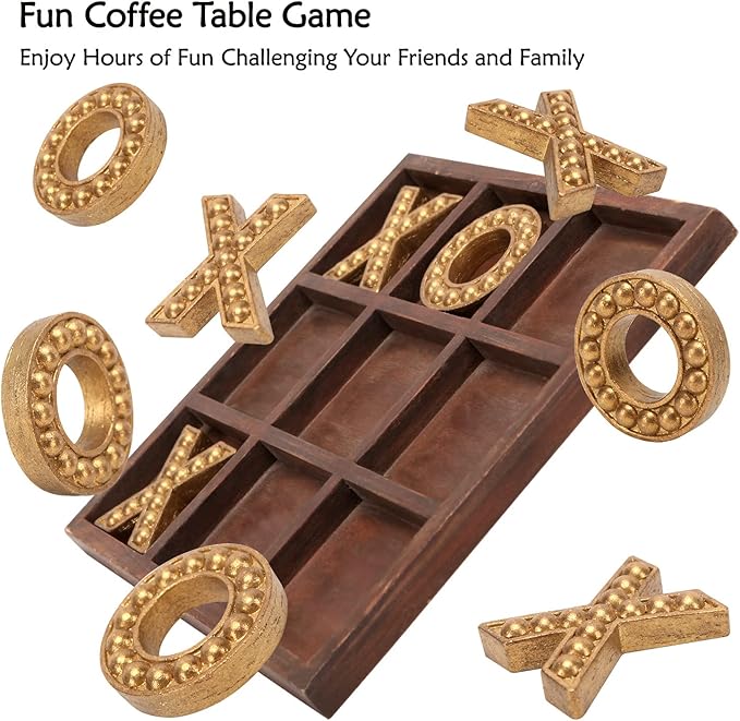 NIKKY HOME Tic Tac Toe Game Coffee Table Decor 10.6 Inch Rustic Wooden Board Gold
