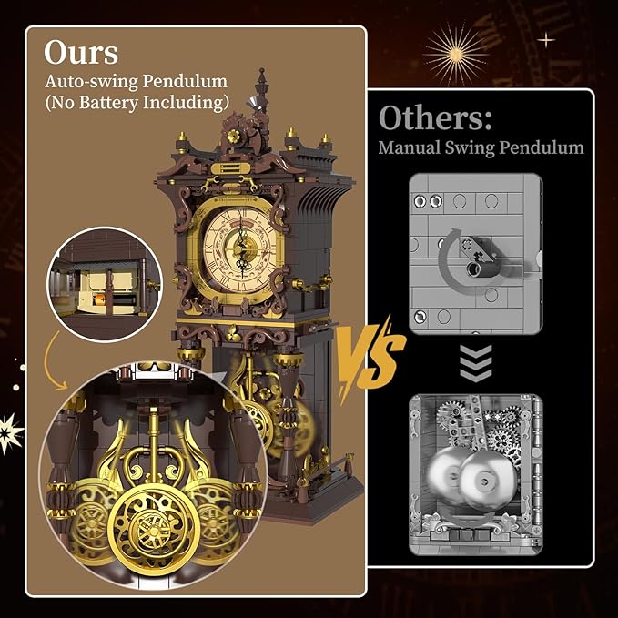Vintage Swing Clock Building Blocks Set Real Working Moving Pendulum &amp Rotating Dial Mechanical Building Blocks Toys Gift for Adults Teens Girls Boys 12+ Retro Steampunk Home Decor