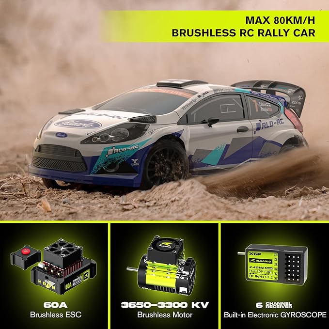 CROBOLL RLAARLO 1/10 Brushless Carbon Fiber RC Drift Cars for Adults with Gyro Max 50 mph Fast RC Rally Car 2.4Ghz All Terrain Remote Control Car 4x4 Hobby RTR RC Truck（Blue &amp White）