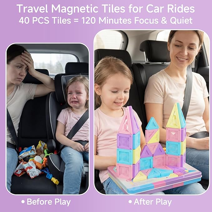 Mini Magnetic Tiles Girls Travel Set: 40 PCS Macaron Building Block with Tin Box - 90 Mins Quiet Play 45s Cleanup - Fly Trip Road Trip Toys for Kids Age 3 4 5 6