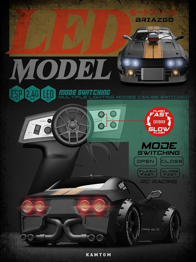 RC Drift Car 1/32 Scale High-Speed 4WD Mini Electric Remote Control Car 30 km/h with Gyro Stabilization and LED Lights Suitable for Adults (KM3299-Black)