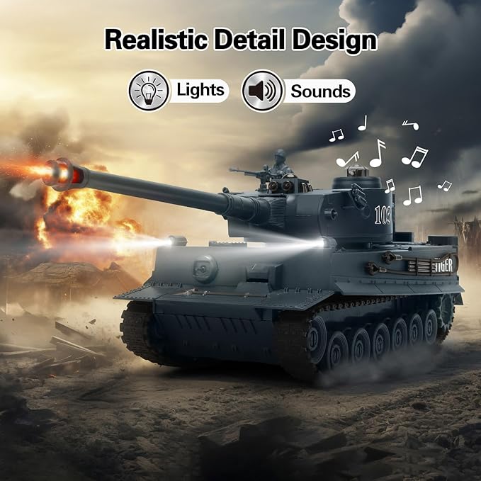 RC Tank 1/28 Scale Remote Control Battle Tank Set with Sounds/Lights/Battle Game/Life Indicator 2.4G 9 Channels Radio Control Car Infrared Shoot WW2 Military Vehicle Model Toys for Boys Kids Adults