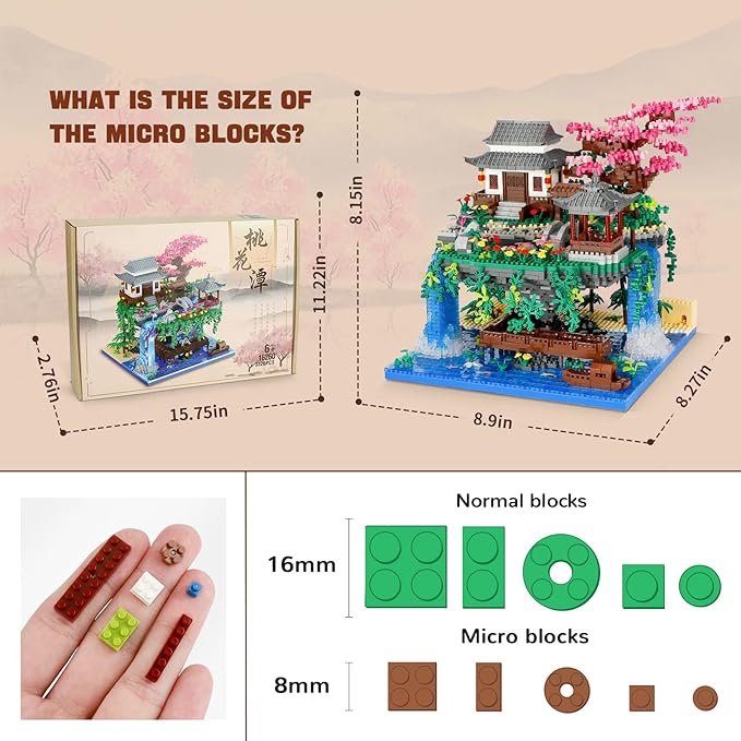 Peach Blossom Pond Micro Mini Building Blocks Set for Adults and Kids Chinese Architecture Cherry Bonsai Gift Toys with String Lights Japanese Flowers Tree House Micro Bricks (3320PCS)