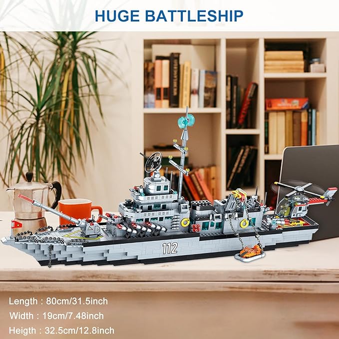 Military Battleship Building Set for Boys Police Boat Ship 8-in-1 Navy Warship Toys Model Kits MOC Construction Birthday for Adults Age 8-1214+ Compatible with (2000+ PCS