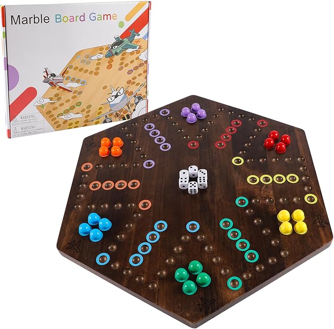 Large Size 20 inches Wood Wahoo Marble Board Game 2 Sided Game 4-6 Player for Friends and Family Party Classic Wahoo Style Strategy Racing Game with 6 Dices30 Marbles (Rustic Brown)