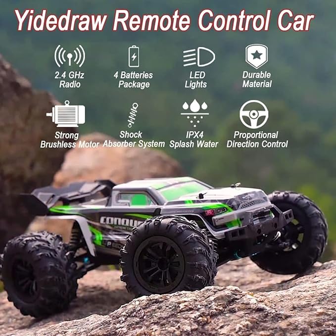 1:16 Scale RC Cars for Adults High-Speed 4WD Offroad Hobby Remote Control Truck 50km/h Fast 2.4GHz All Terrain RC Monster Buggy with 2 Batteries (RTR/Green)