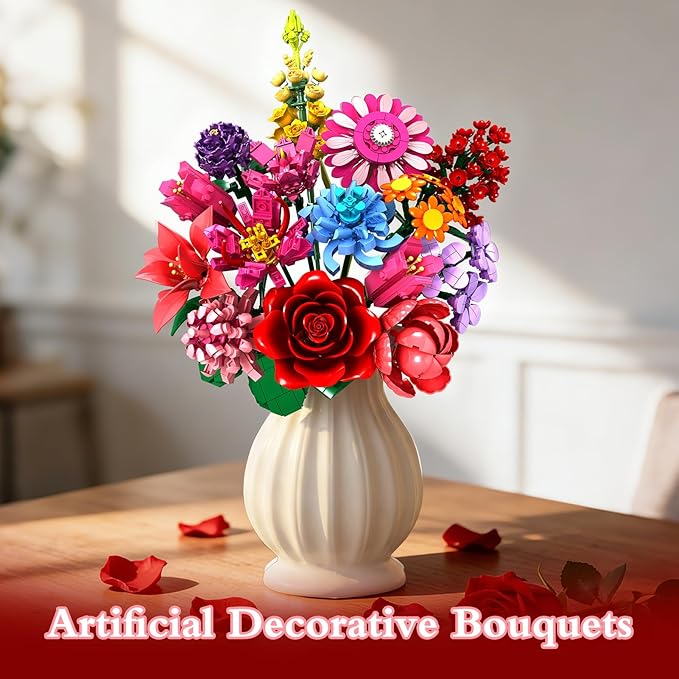 Flower Building Blocks Set 1351PCS Everlasting 14-Style Floral Bouquet Kit DIY Assembled Colorful Flower Decor for Home/Office Birthday Gift/Anniversary/Mother’s Day
