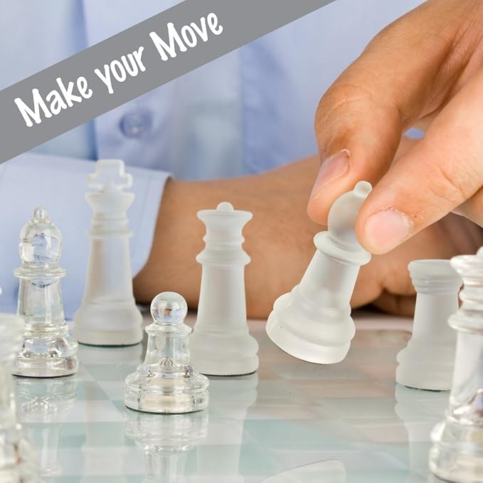 Gamie Premium Glass Chess Set 10 Inch - Elegant Design - Durable Build - 32 Frosted and Clear Pieces - Felted Bottoms - Easy to Carry - Stable &amp Fully Functional for Chess Lovers