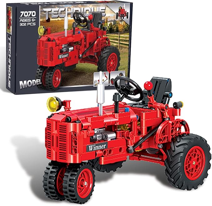 Classic Building Blocks 1/12 Red Tractor Farm Toy Building Set Gift for Kids Ages 6 7 8 9 10 11 12 Includes Shifting Structure Steering Structure Features (Classic Edition)