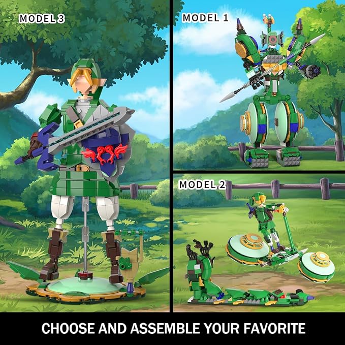 3 in 1 BOTW Building Set Transforms to 3 Different Figures- from Link Holding Master Sword to Battle Robot to Glider Bike Compatible with Lego (850PCS)