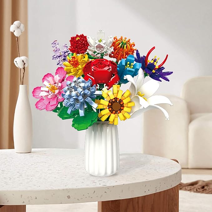 Flowers Bouquet Building Set 12 Artificial Flowers 1064 PCS Bricks Blocks Toy for Adults &amp Kids Botanical Collection Gift for Mother's Day Valentine Birthday Christmas (No Vase)