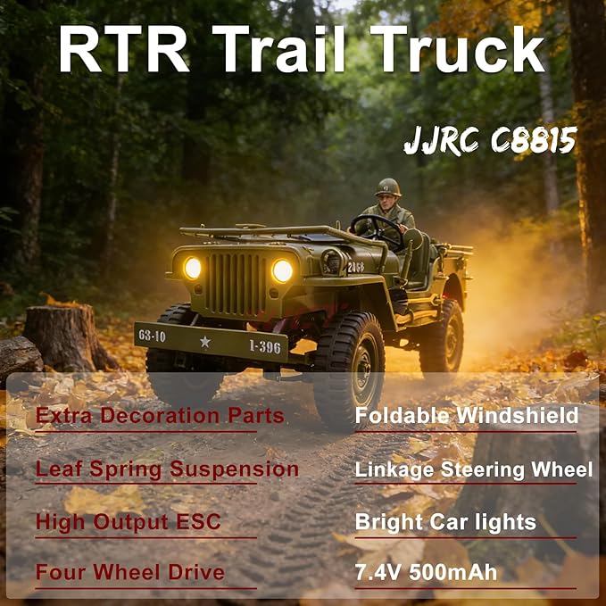 YUCT 1/10 RC Crawler Willys Jeep RC Rock Crawler 4x4 Military Off-Road Car with Driver Figure &amp Machine Gun Oliver Green