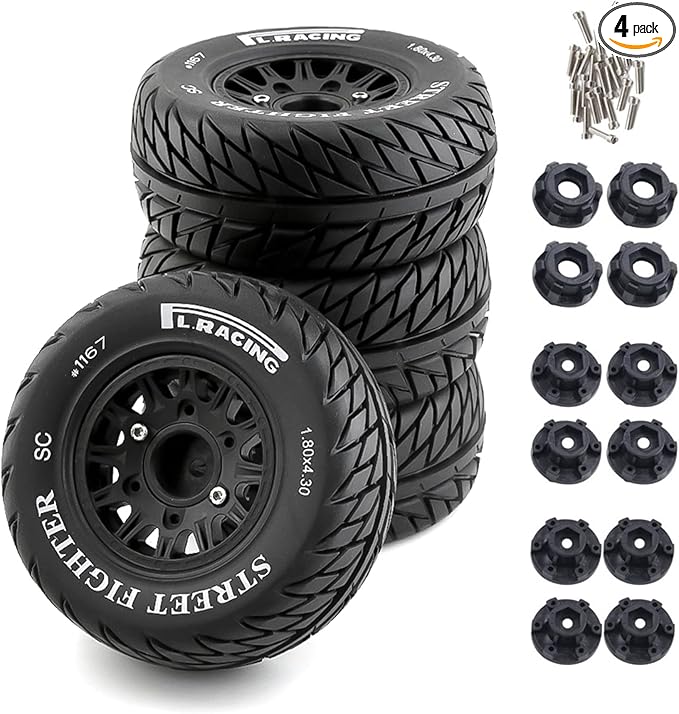 1/10 RC Short Course Truck Tires And Wheels With 12mm 14mm 17mm Hex 113mm 1/8 Rubber Tyres For 1/8 or 1/10 Scale On Road Car HSP Sonic 94102 GT PTG-2 Tamiya TT02 RC Racing Car 4PCS (Black B)