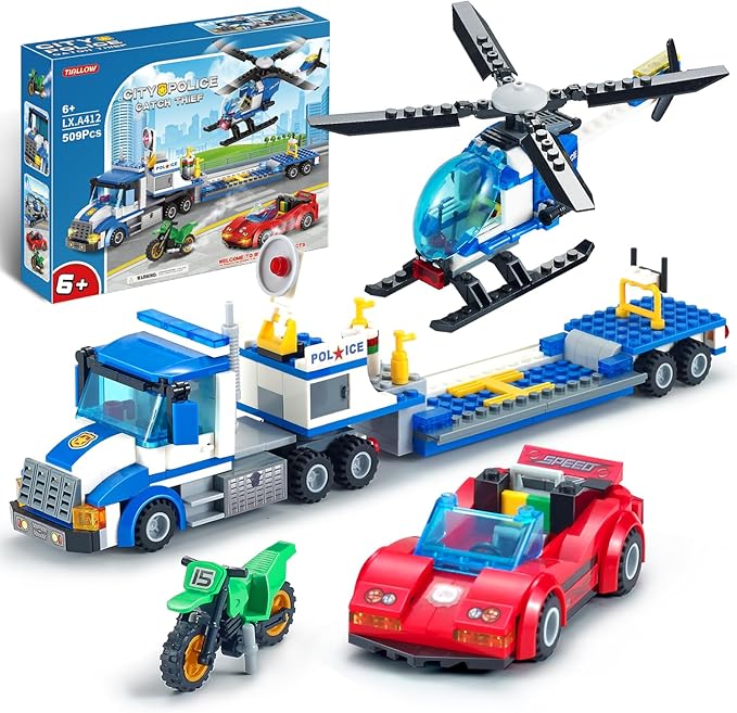 City Police Car Truck Building Sets for Boys Semi Truck and Trailer Building Blocks Vehicles Kits with Helicopter MotorcycleRace Car for Kids Ages 6 7 8 Years Old and Up