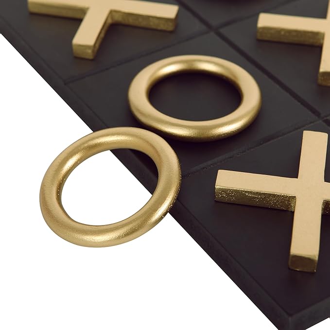 NIKKY HOME 12x12 Inch Tic Tac Toe Wood Game Board Classic Coffee Table Decor Modern Wooden Travel Game for Family Black &amp Gold