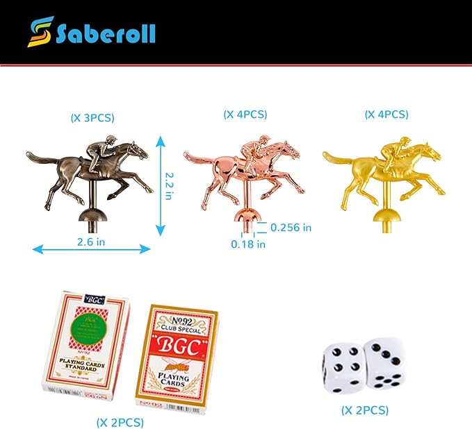 Horse Race Board Game Replacement Horses Horse Racing Board Game Horse Figurines with 11 Horses(4 Gold 4 Rose Gold 3 Silver-Gray Horses 2 Dices and 2 Playing Cards NO Game Board Included)