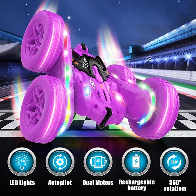 Remote Control Cars for Girls 2.4GHz RC Stunt Car with 360° Flips &amp Double Sided Driving LED Strip Lights and Headlights Changeable Wheels Birthday Gift for 5-12 Year Old Girls (Purple)
