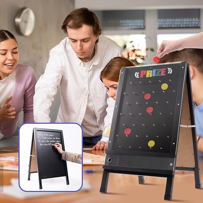 Prize Drop Game Board 15.7X27.5 Double-Sided Foldable Design with Wooden A-Frame Chalkboard Sign for Family Carnival Trade Show &amp Party-Includes 10 Coin Drop Discs and Chalk Set Portable Des
