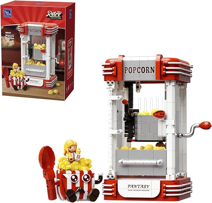 PANTASY Popcorn Machine Building Set Vintage Popcorn Maker Model with Interactive Crank Realistic Popcorn Pieces Character Figure and Collectible Display Design for Adults and Retro Lovers