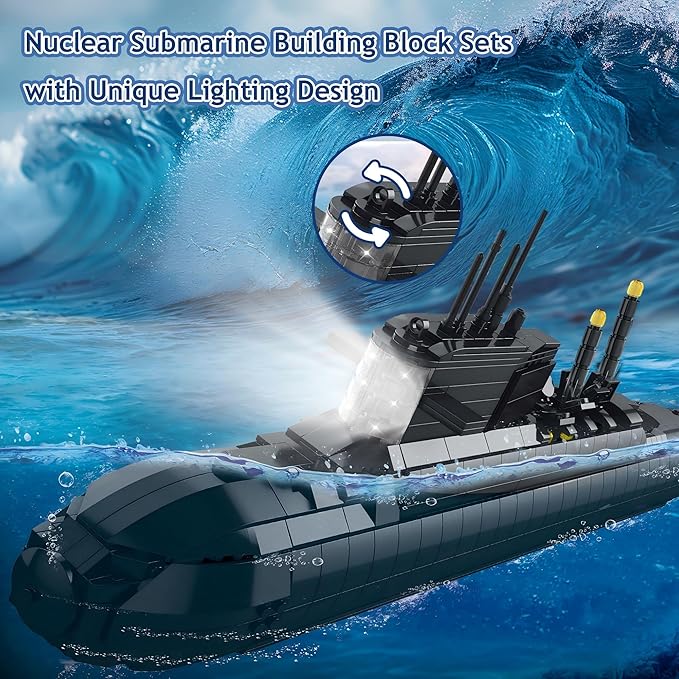 Nuclear Submarine Building Block Toy Set – WW2 Military Battleship Model with Lights Ideal Gift for Boys Teens &amp Adults Great for Home or Office Decor - 1498 PCS