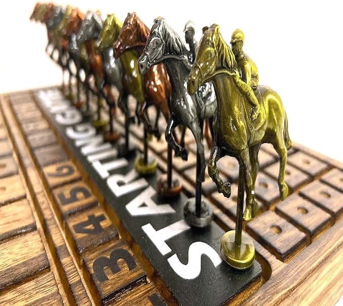 Horse Racing Game for Adults Horse Race Board Game with 11 Luxurious Antique Matt Metal Horses(Bronze Brass Silver) 19” Wood Horse Race Game Board Dice &amp Card Included (Log)