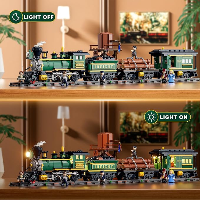 Wild West Freight Train Lighting Building-Bricks Set - Classic 4-4-0 Locomotive Model 1524 Pcs Ideas Kit for Adult and Teens
