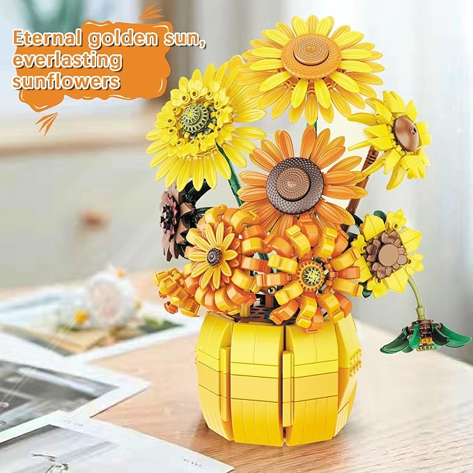 Flowers Sunflower Building Sets for Adults Van Gogh Prints Art Botanical Collection for Woman Girls 14+ Artificial Pot Bouquet Plants Kits Home Decor/Christmas/Valentine/Mother's Day Birthday Gifts