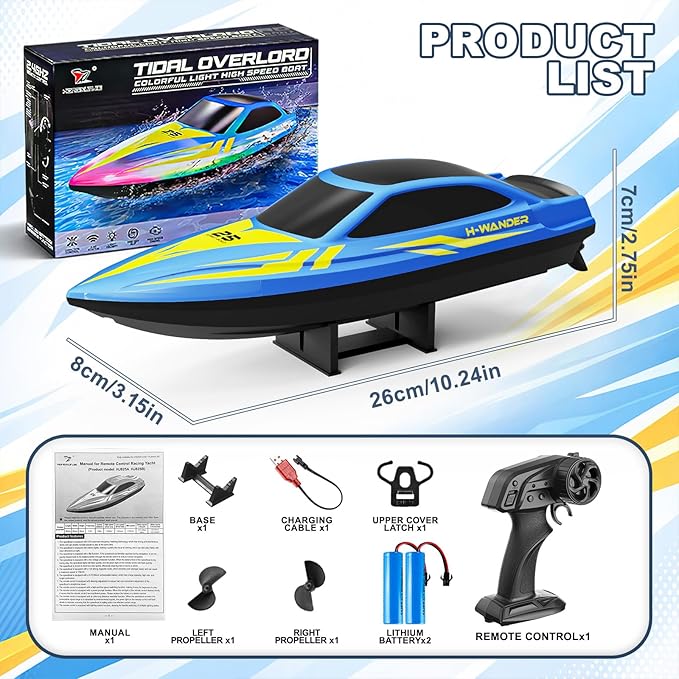 RC Boat with 7-Mode Colorful LED Lights10 Inch Remote Control Boat15KM/H High Speed2.4GHz3 Speed Modes2 Rechargeable BatteriesAuto Flip RecoveryPool &amp Lake Racing Gifts for Kids &amp Adult